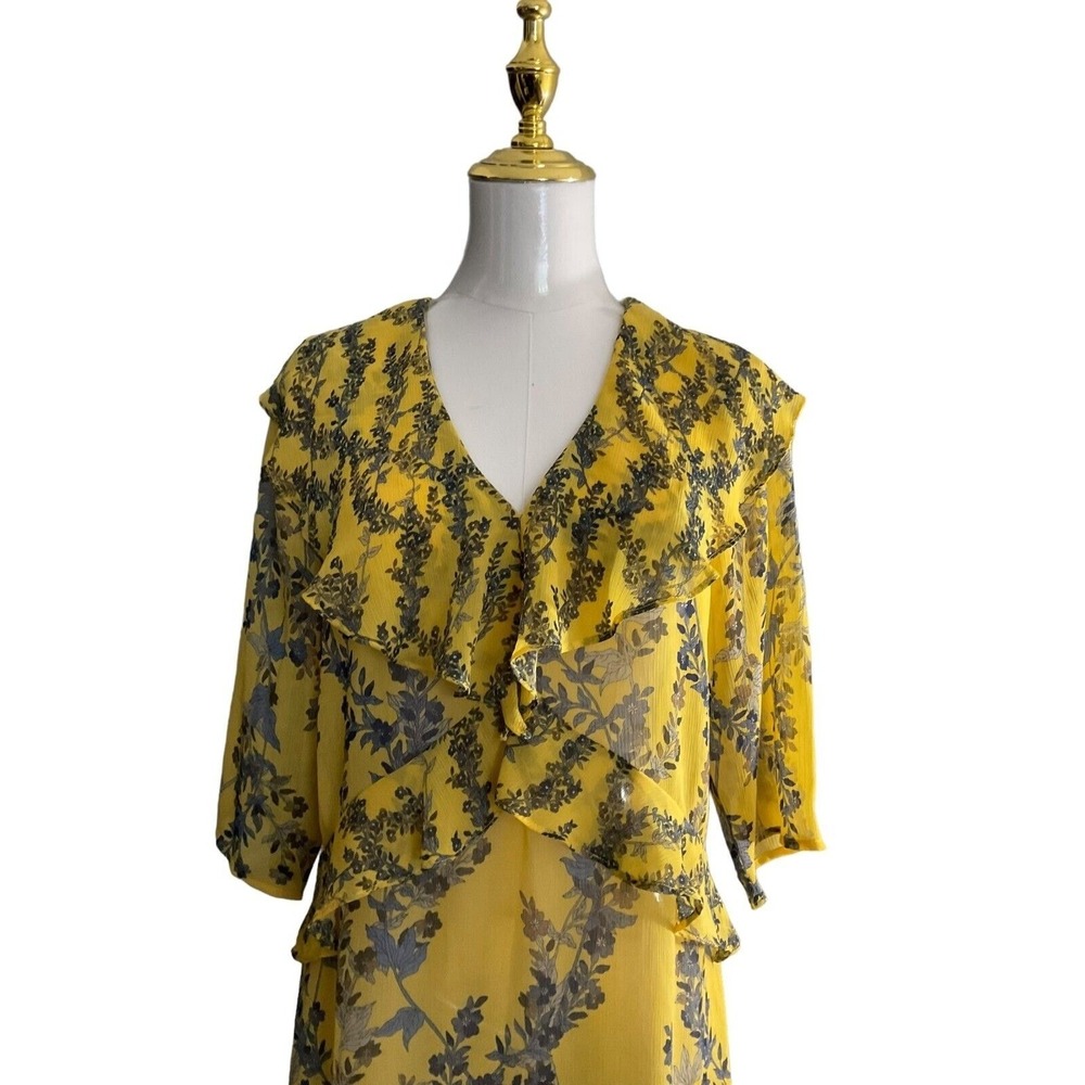 BCBGMAXAZRIA Yellow Gray Floral Ruffle Tiered V-Neck Midi Dress XXS - Picture 10 of 13